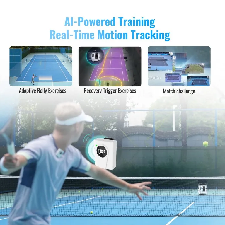 PongBot marketing image showing a player wearing a clip-on tracker on court, with three inset panels for adaptive rally exercises, recovery trigger exercises and match challenge