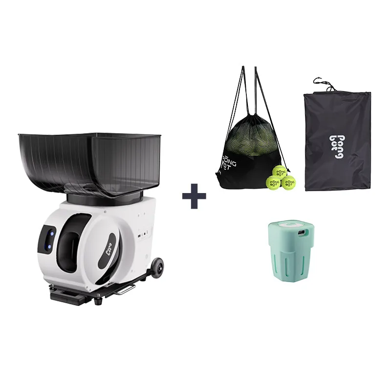 PongBot Pace S Pro shown with a mesh ball bag, tennis balls and the T Serve S unit