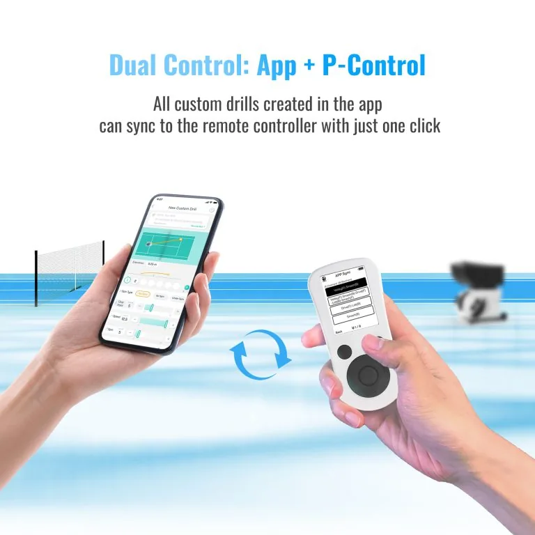 PongBot image showing the Pace S Pro smartphone app in one hand and the physical remote control in the other, with sync arrows between them