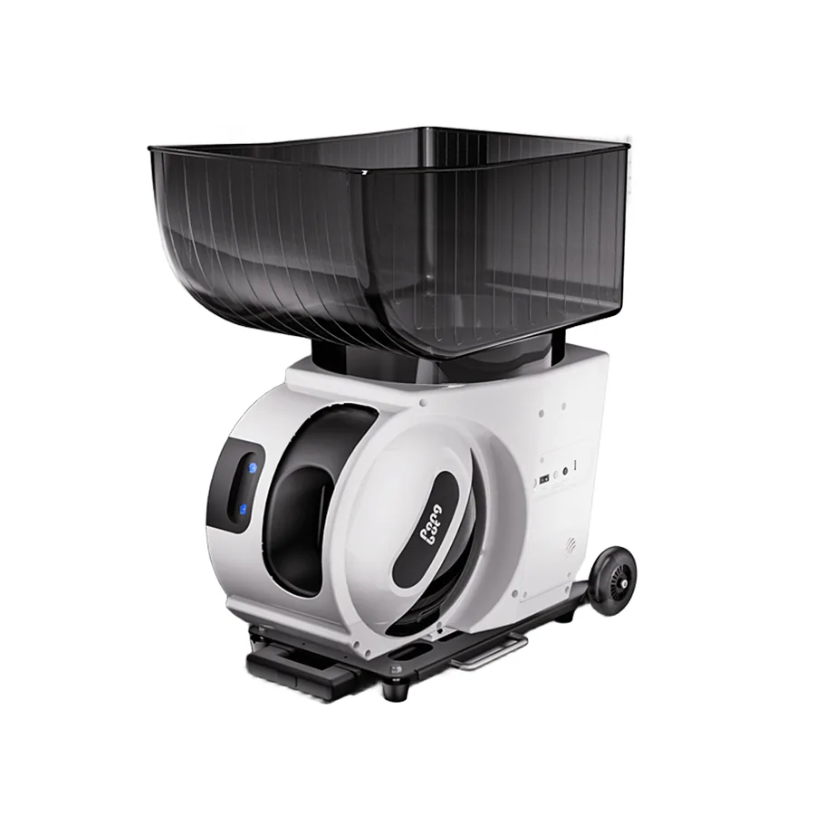 PongBot Pace S Pro tennis ball machine, white body with a black ball hopper, launch head and transport wheels
