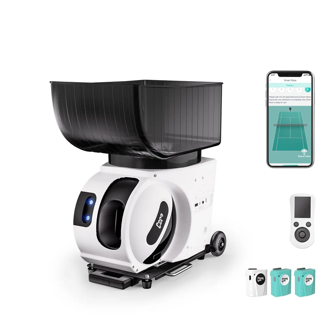 PongBot Pace S Pro machine shown with a smartphone running the app, the physical remote control and the clip-on trackers
